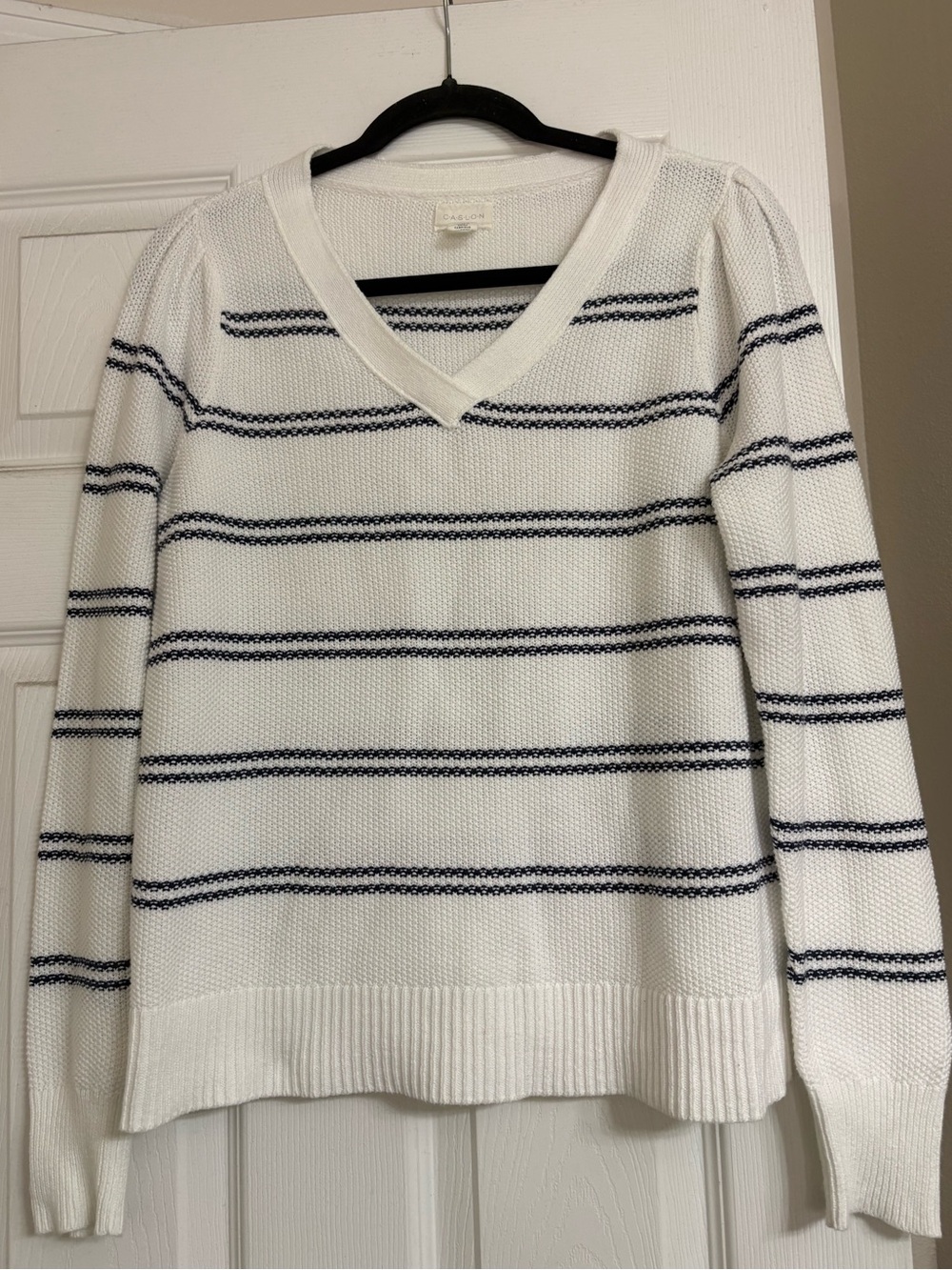 Caslon White V-Neck Sweater with Navy Stripes Size S